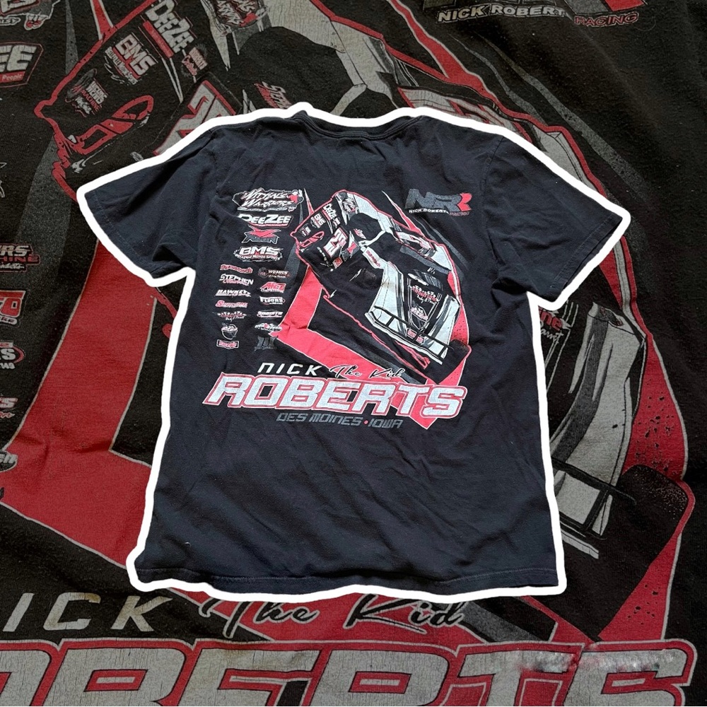Vintage, black and red Roberts, Des Moines, Iowa racing shirt